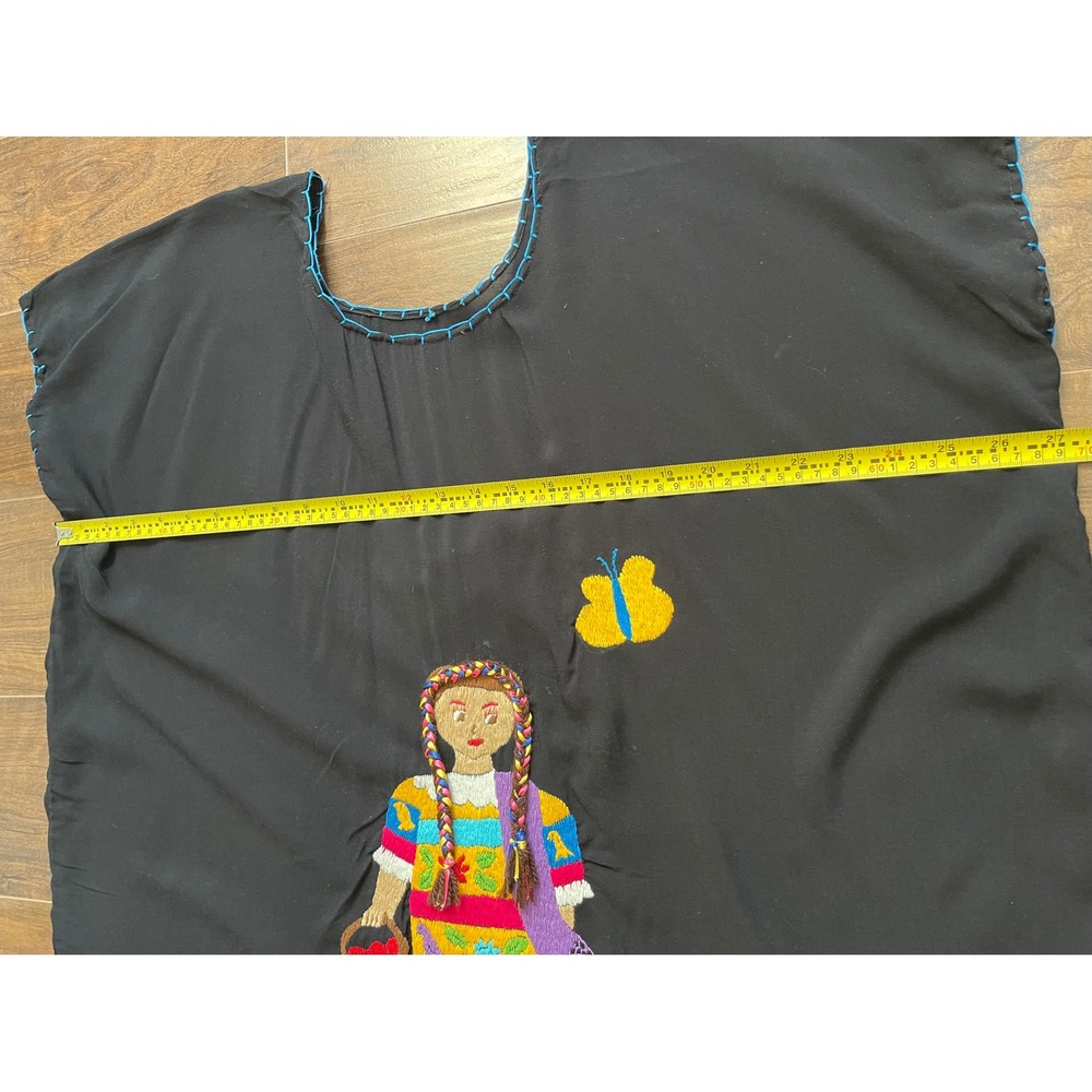 Handmade Mexican Folk Art Embroidered Blouse Black Boho Huipil Tunic Top - Picture 5 of 5